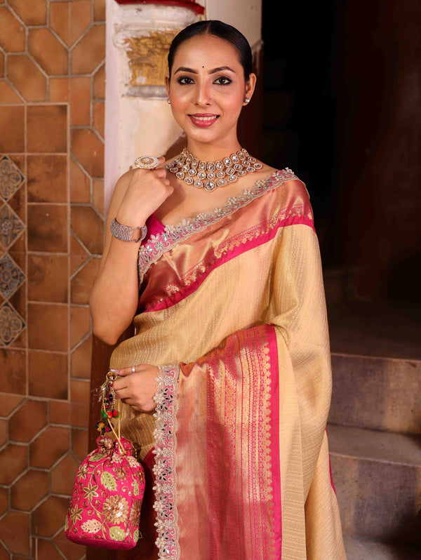 Banarasee Handwoven Tissue Saree With Gold Zari Design Contrast Border & Lace-Gold & Pink