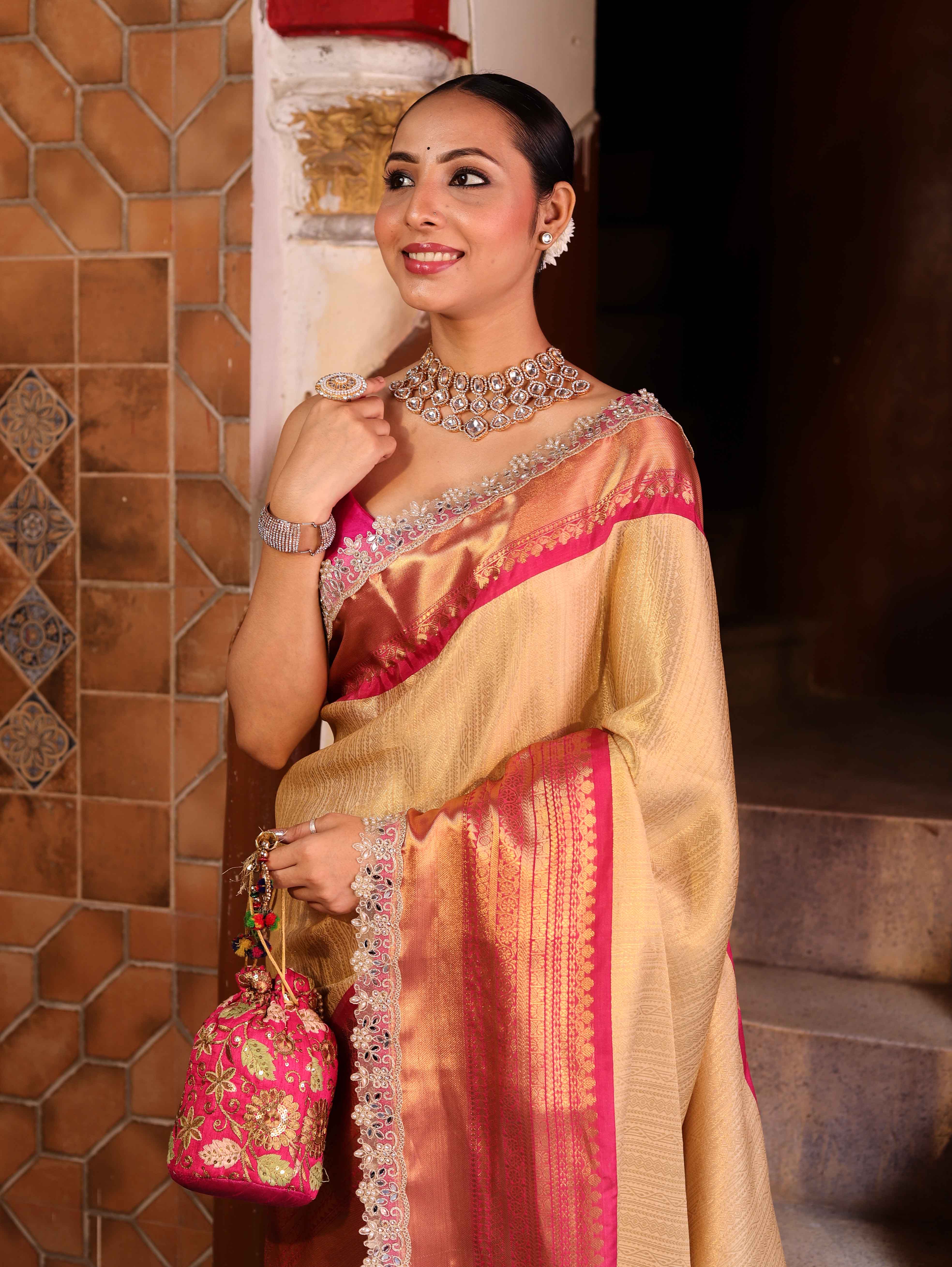 Banarasee Handwoven Tissue Saree With Gold Zari Design Contrast Border & Lace-Gold & Pink