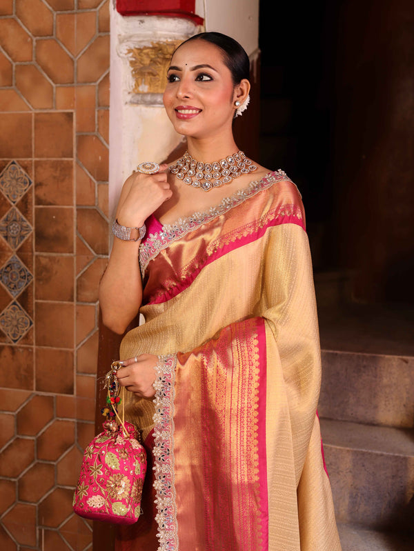 Banarasee Handwoven Tissue Saree With Gold Zari Design Contrast Border & Lace-Gold & Pink