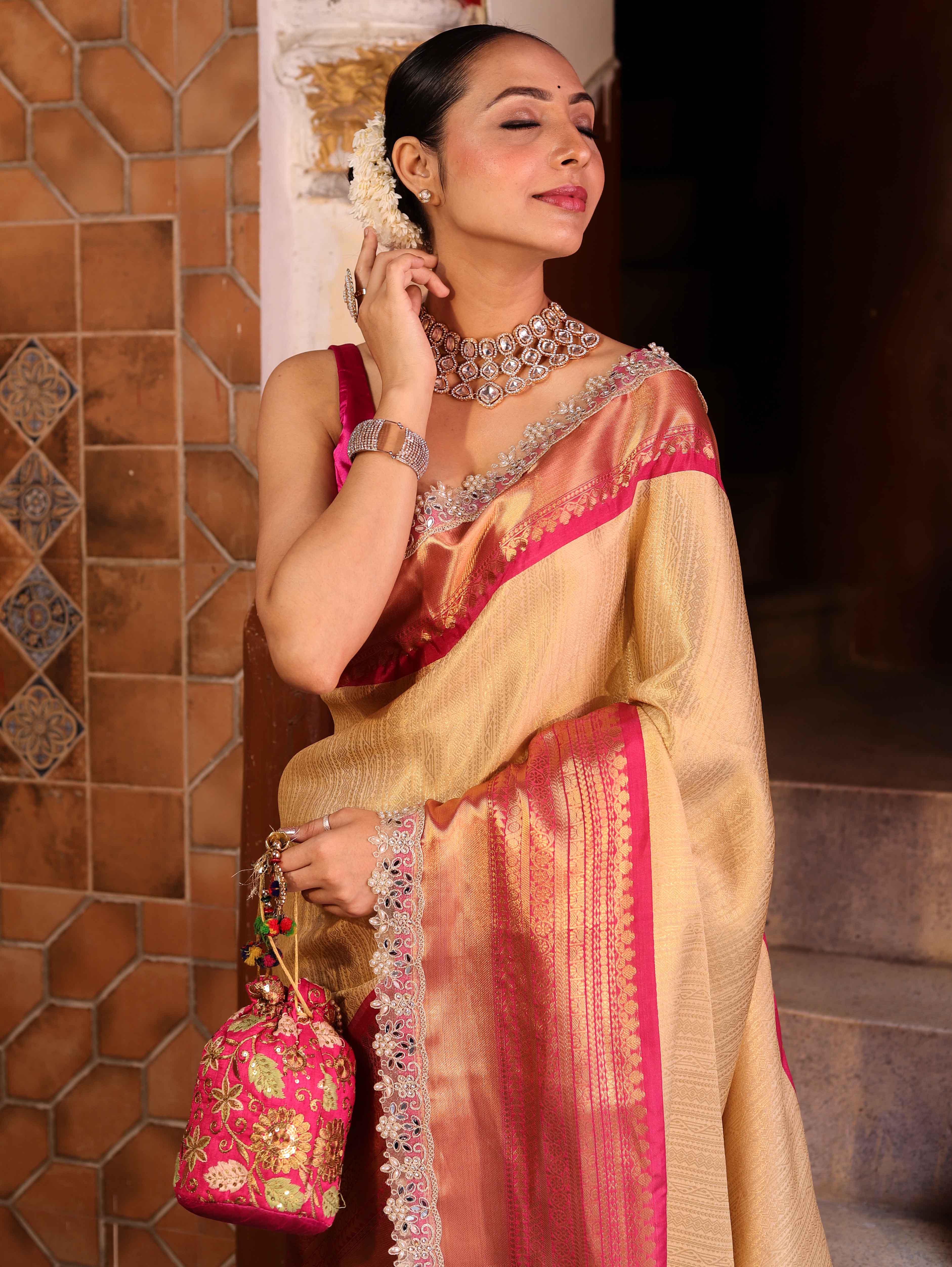 Banarasee Handwoven Tissue Saree With Gold Zari Design Contrast Border & Lace-Gold & Pink