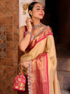 Banarasee Handwoven Tissue Saree With Gold Zari Design Contrast Border & Lace-Gold & Pink