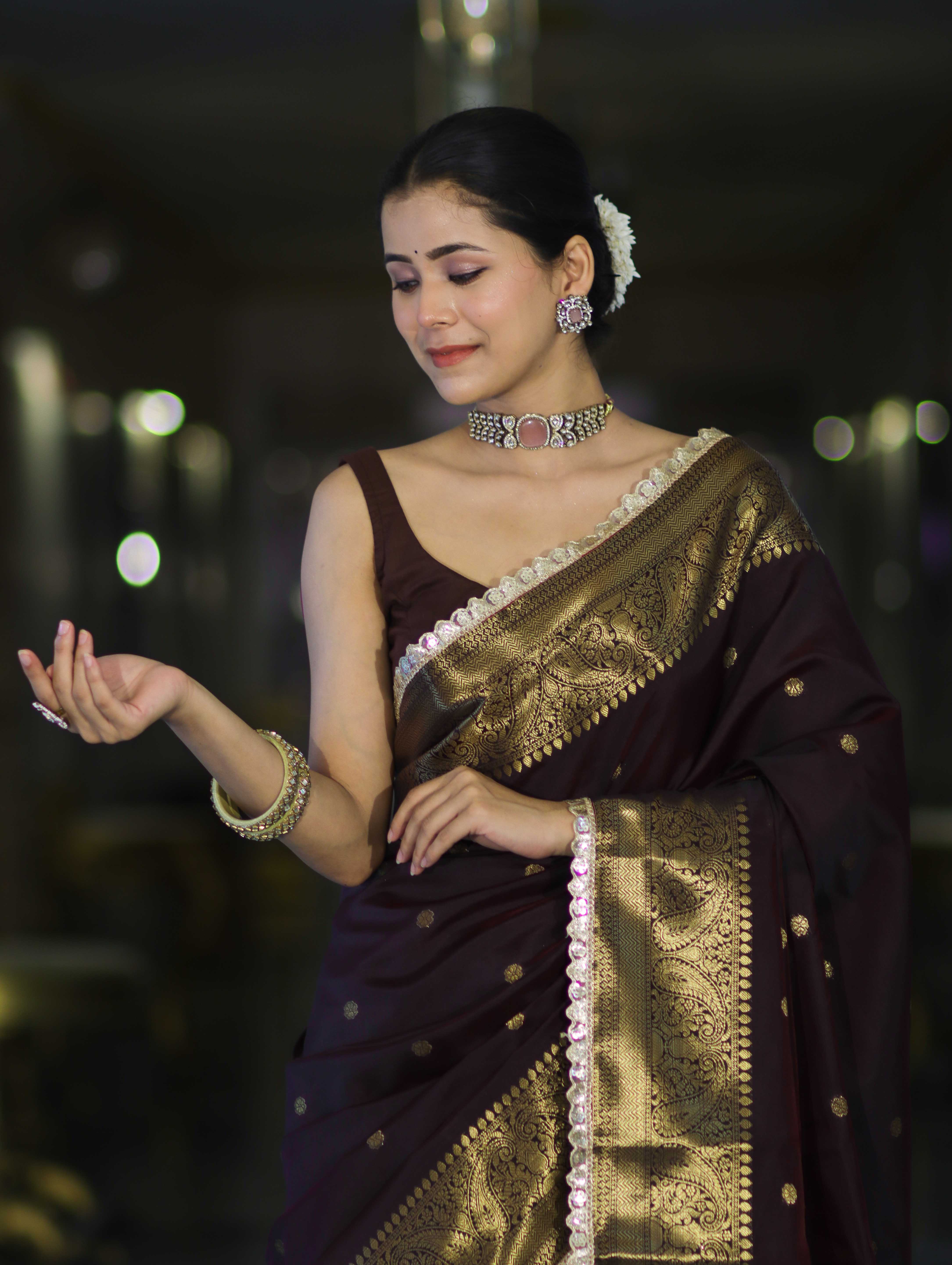 Banarasee Handloom Semi Silk Saree With Buti Design Zari Border & Lace-Brown (Maroon Tone)