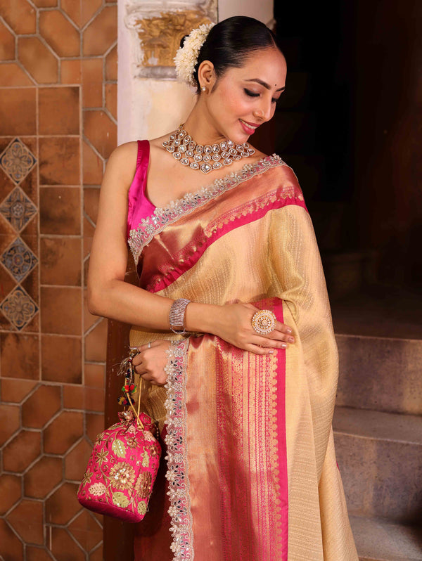 Banarasee Handwoven Tissue Saree With Gold Zari Design Contrast Border & Lace-Gold & Pink