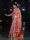 Banarasee Handwoven Tissue Saree With Zari Weaving Stripes Contrast Border & Lace-Pink(Dual Tone)