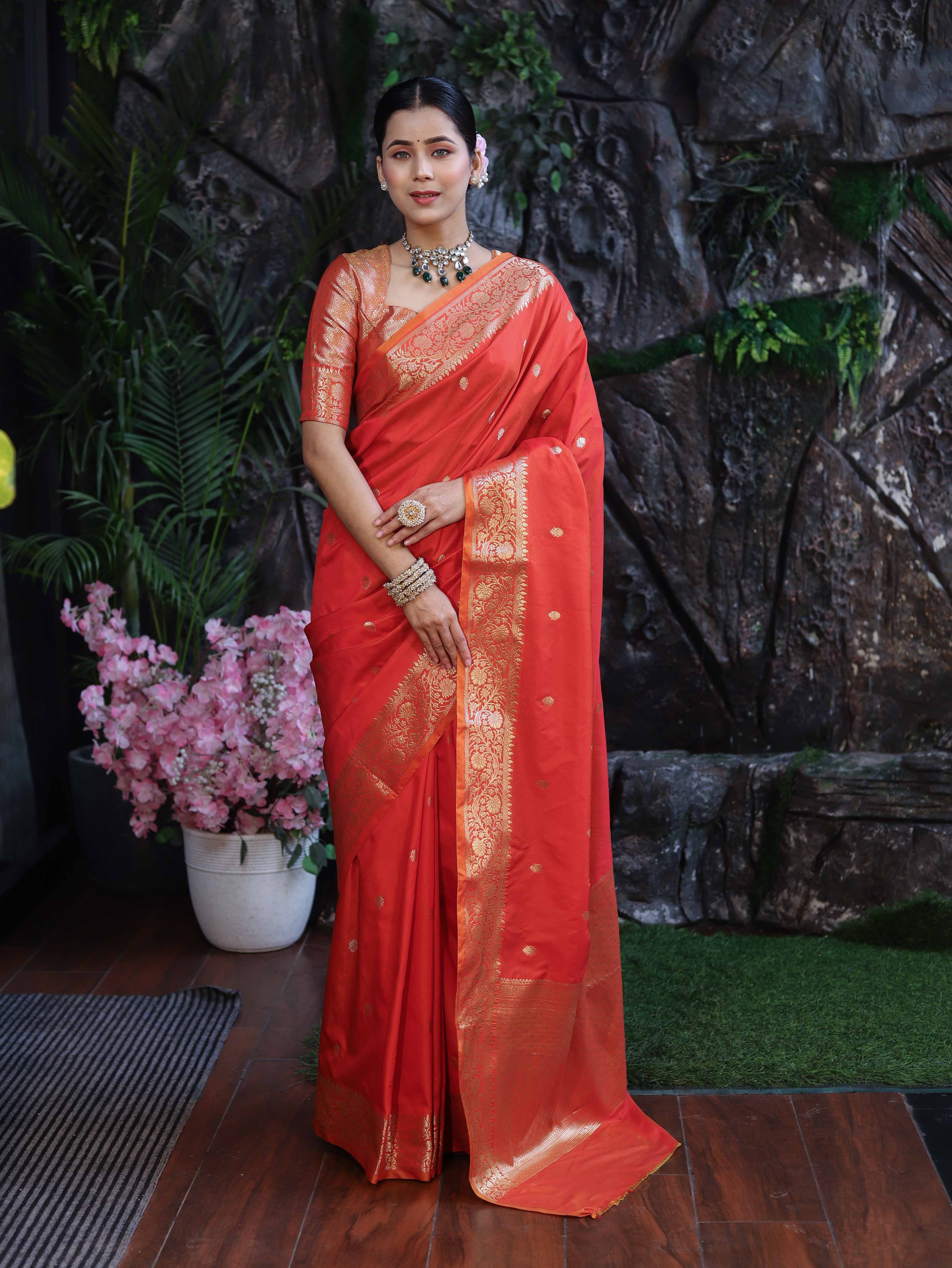 Banarasee Handloom Dual Shade Semi Silk Saree With Zari Buti Work & Border-Rust