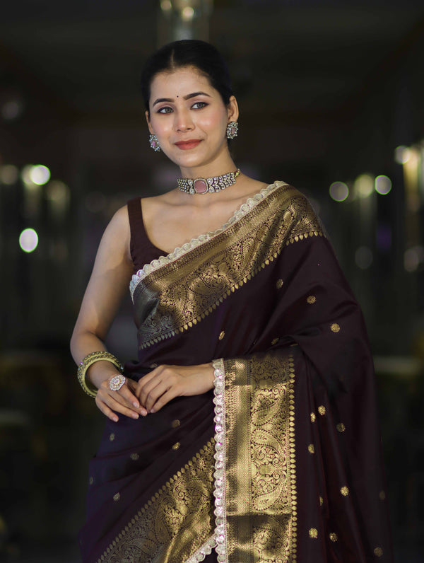 Banarasee Handloom Semi Silk Saree With Buti Design Zari Border & Lace-Brown (Maroon Tone)