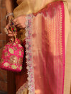 Banarasee Handwoven Tissue Saree With Gold Zari Design Contrast Border & Lace-Gold & Pink