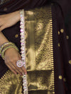 Banarasee Handloom Semi Silk Saree With Buti Design Zari Border & Lace-Brown (Maroon Tone)
