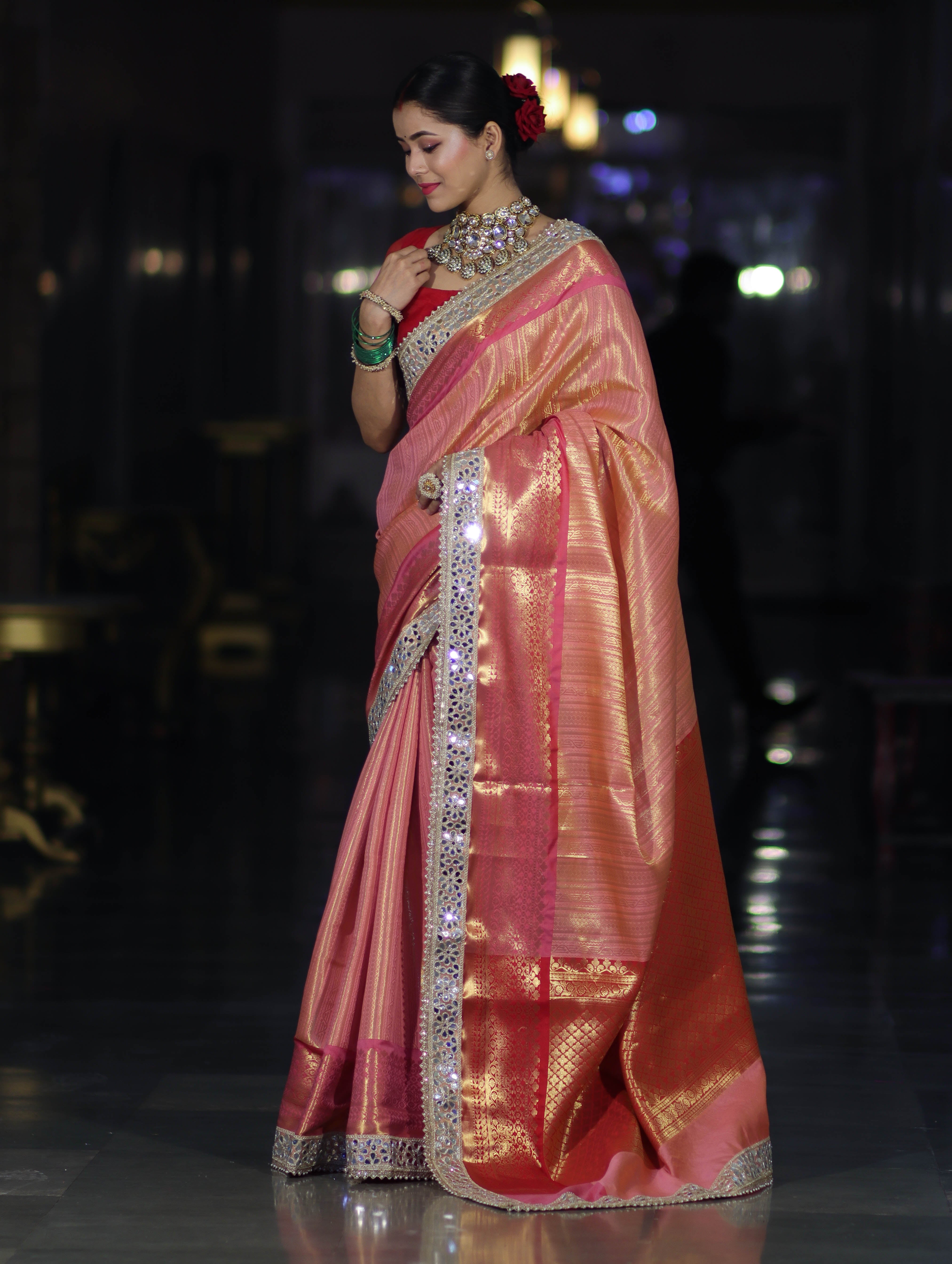 Banarasee Handwoven Tissue Saree With Zari Weaving Stripes Contrast Border & Lace-Pink(Dual Tone)