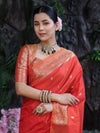Banarasee Handloom Dual Shade Semi Silk Saree With Zari Buti Work & Border-Rust