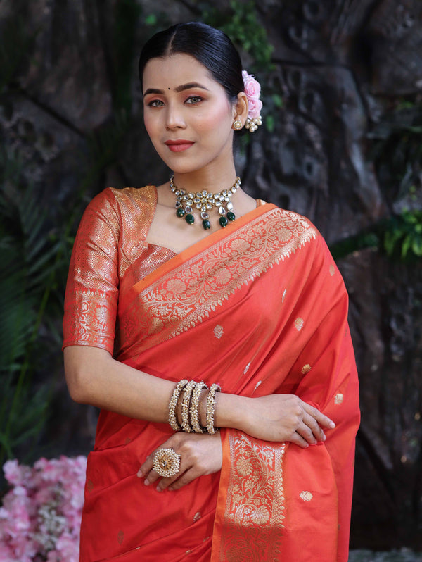 Banarasee Handloom Dual Shade Semi Silk Saree With Zari Buti Work & Border-Rust