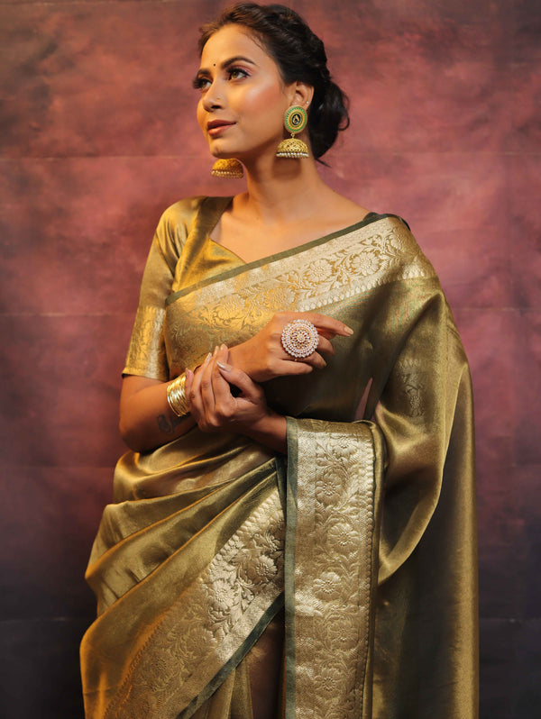 Banarasee Handwoven Plain Tissue Zari Border Saree-Olive Green