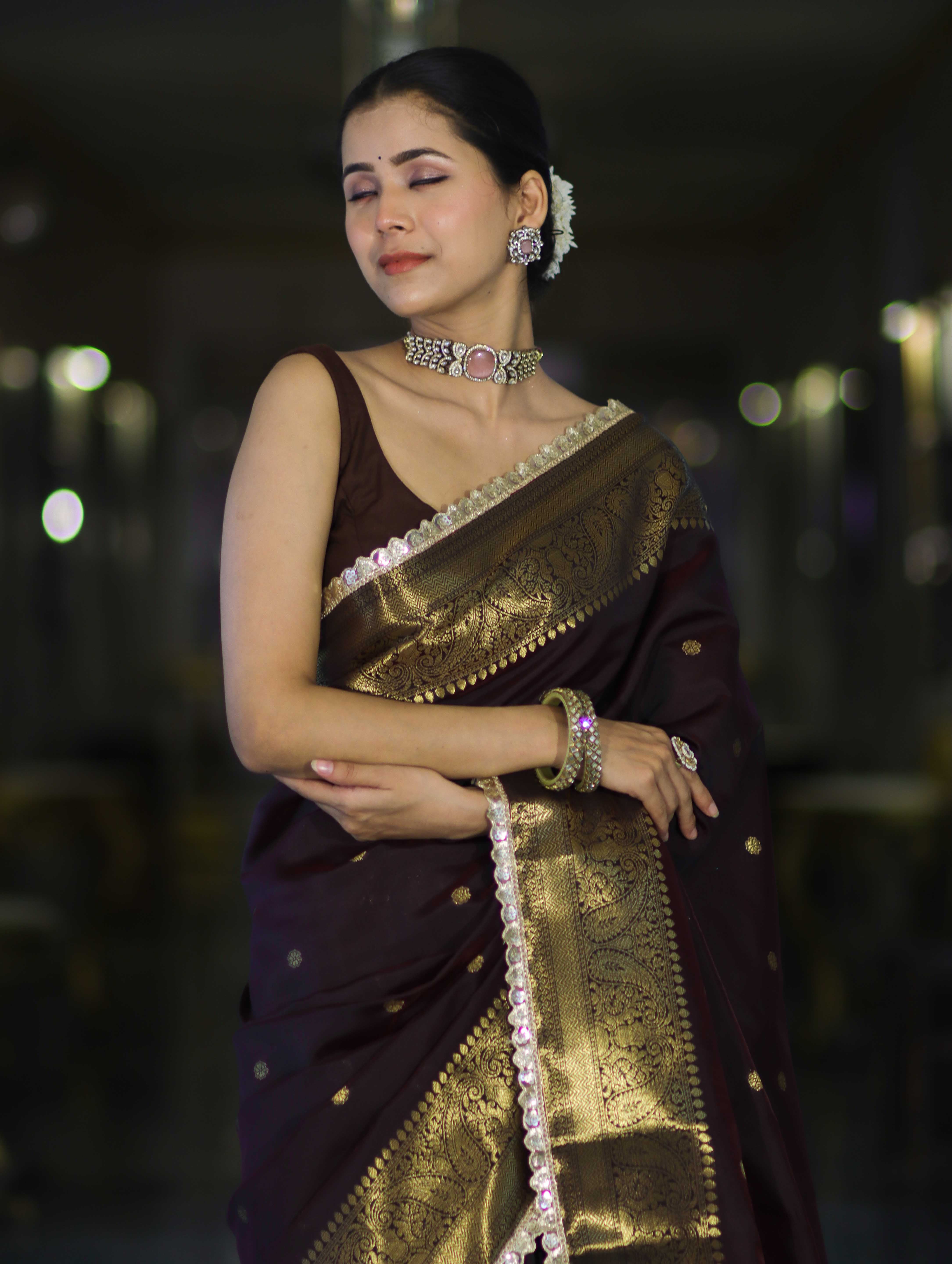 Banarasee Handloom Semi Silk Saree With Buti Design Zari Border & Lace-Brown (Maroon Tone)