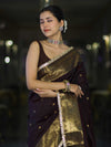 Banarasee Handloom Semi Silk Saree With Buti Design Zari Border & Lace-Brown (Maroon Tone)