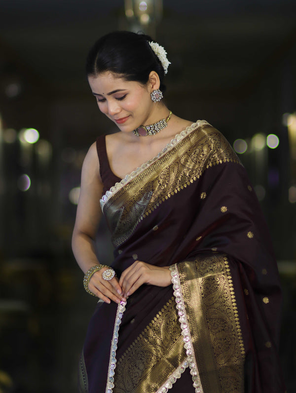 Banarasee Handloom Semi Silk Saree With Buti Design Zari Border & Lace-Brown (Maroon Tone)
