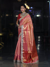 Banarasee Handwoven Tissue Saree With Zari Weaving Stripes Contrast Border & Lace-Pink(Dual Tone)
