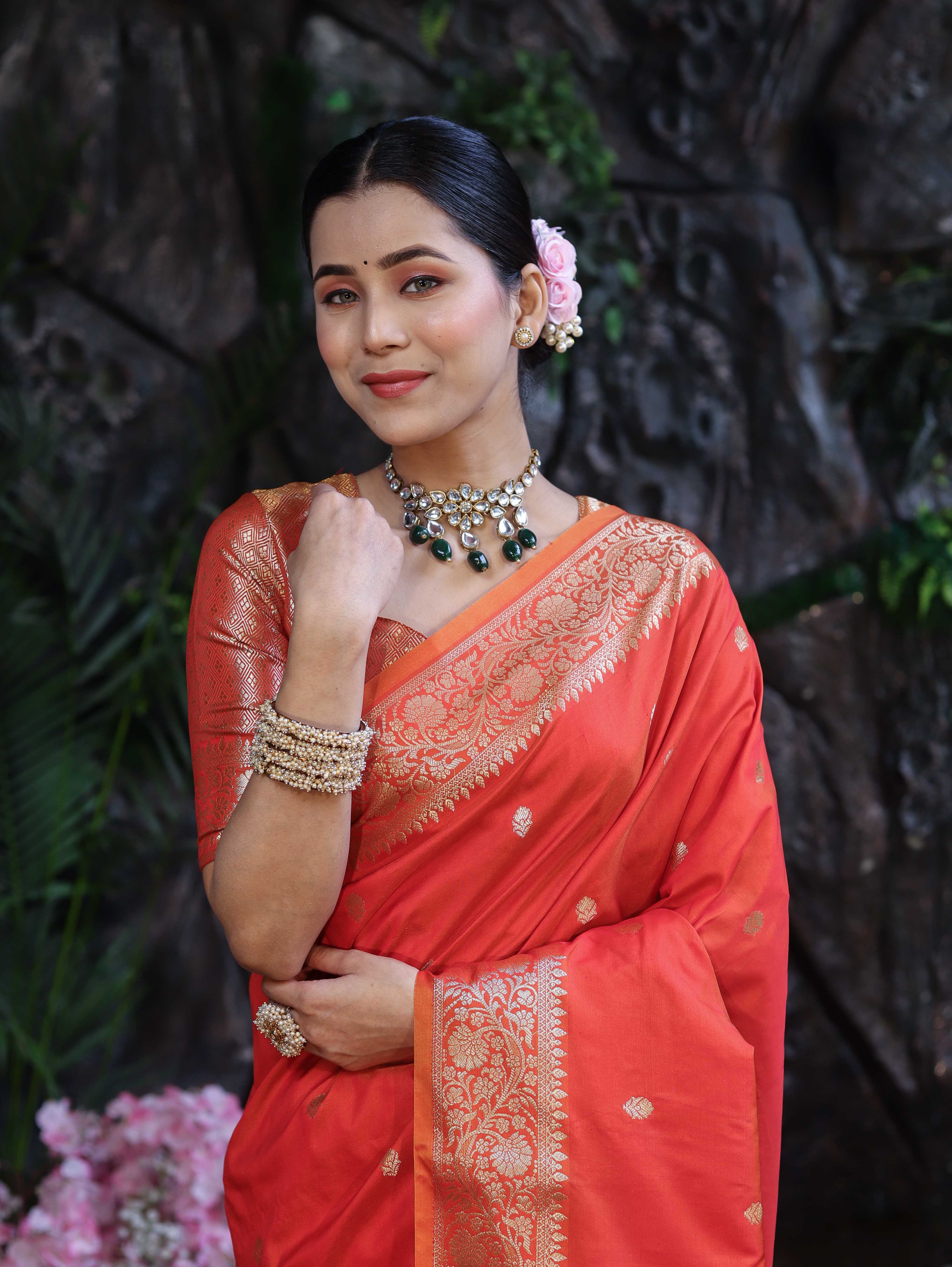 Banarasee Handloom Dual Shade Semi Silk Saree With Zari Buti Work & Border-Rust