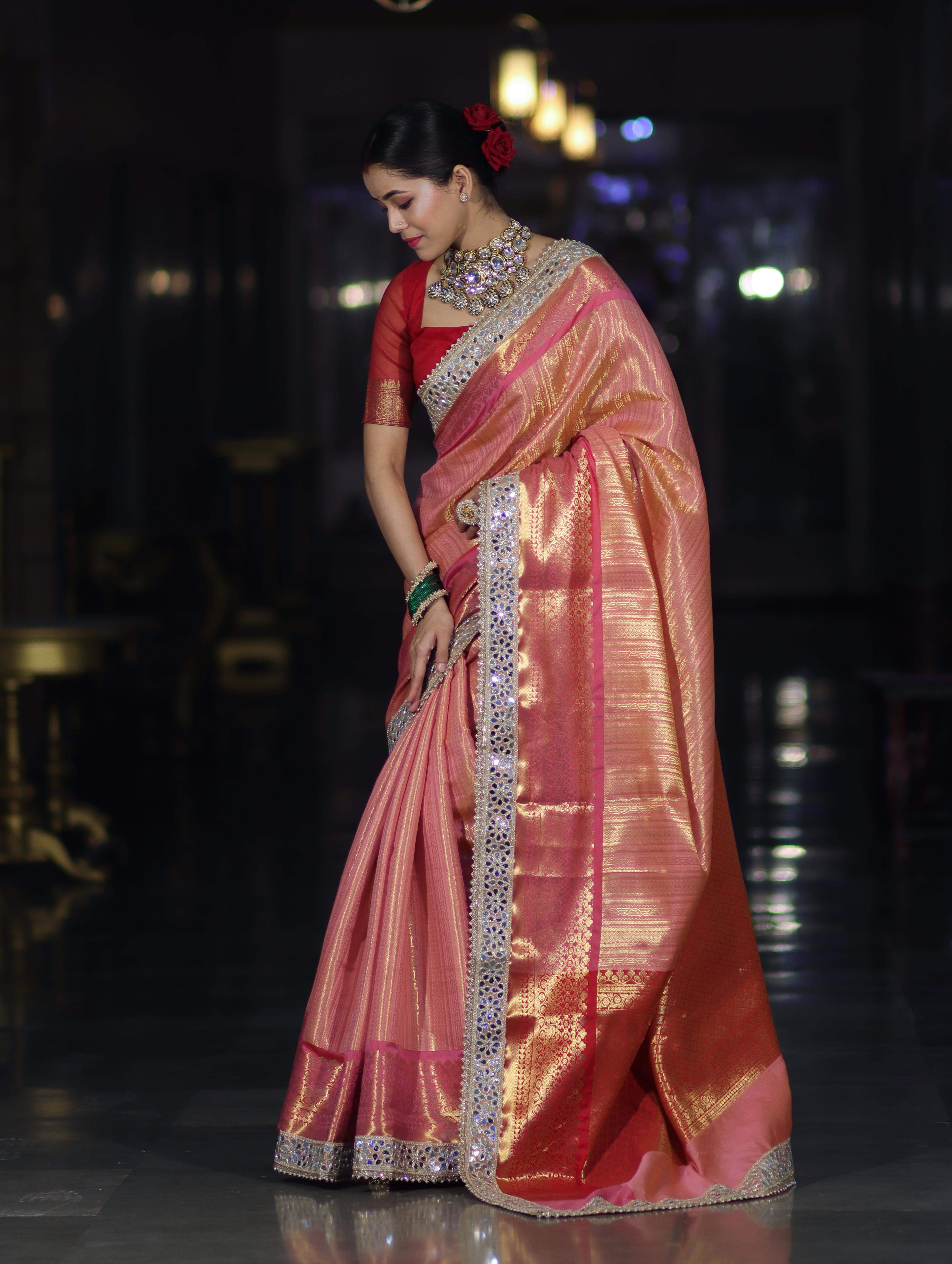 Banarasee Handwoven Tissue Saree With Zari Weaving Stripes Contrast Border & Lace-Pink(Dual Tone)