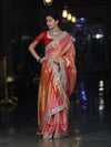 Banarasee Handwoven Tissue Saree With Zari Weaving Stripes Contrast Border & Lace-Pink(Dual Tone)