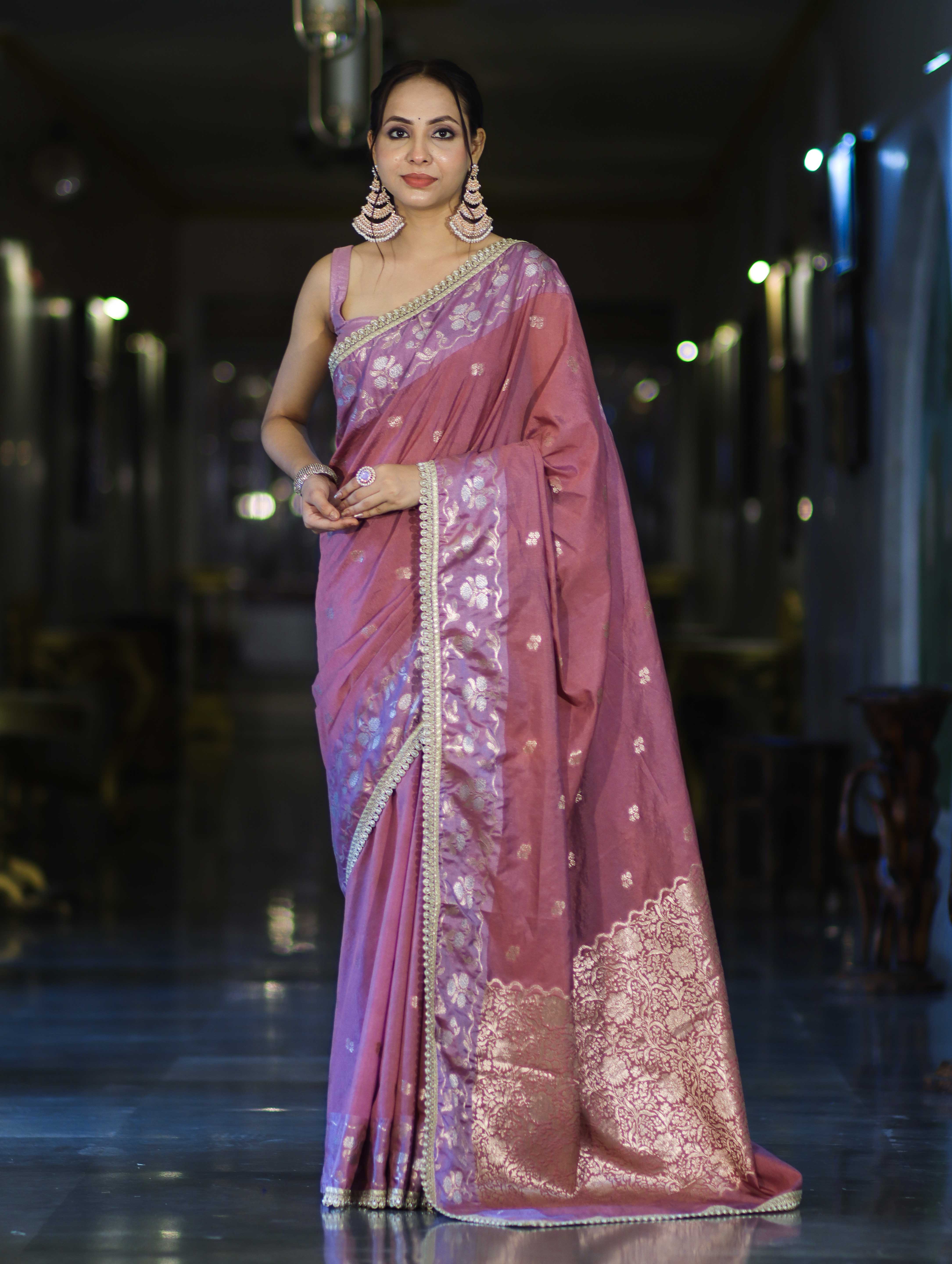 Banarasee Handloom Semi Silk Saree With Buti Design Zari Border & Lace-Dusty Pink