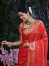 Banarasee Handloom Dual Shade Semi Silk Saree With Zari Buti Work & Border-Rust