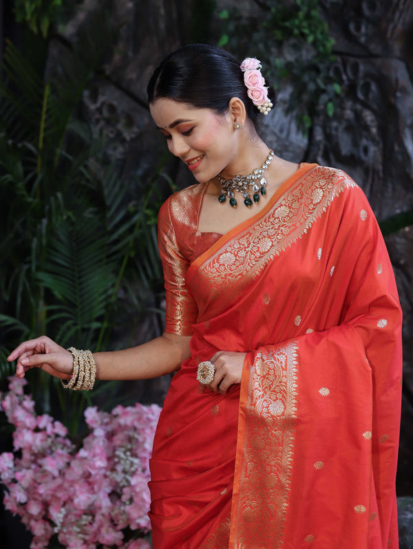 Banarasee Handloom Dual Shade Semi Silk Saree With Zari Buti Work & Border-Rust