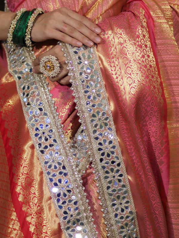 Banarasee Handwoven Tissue Saree With Zari Weaving Stripes Contrast Border & Lace-Pink(Dual Tone)