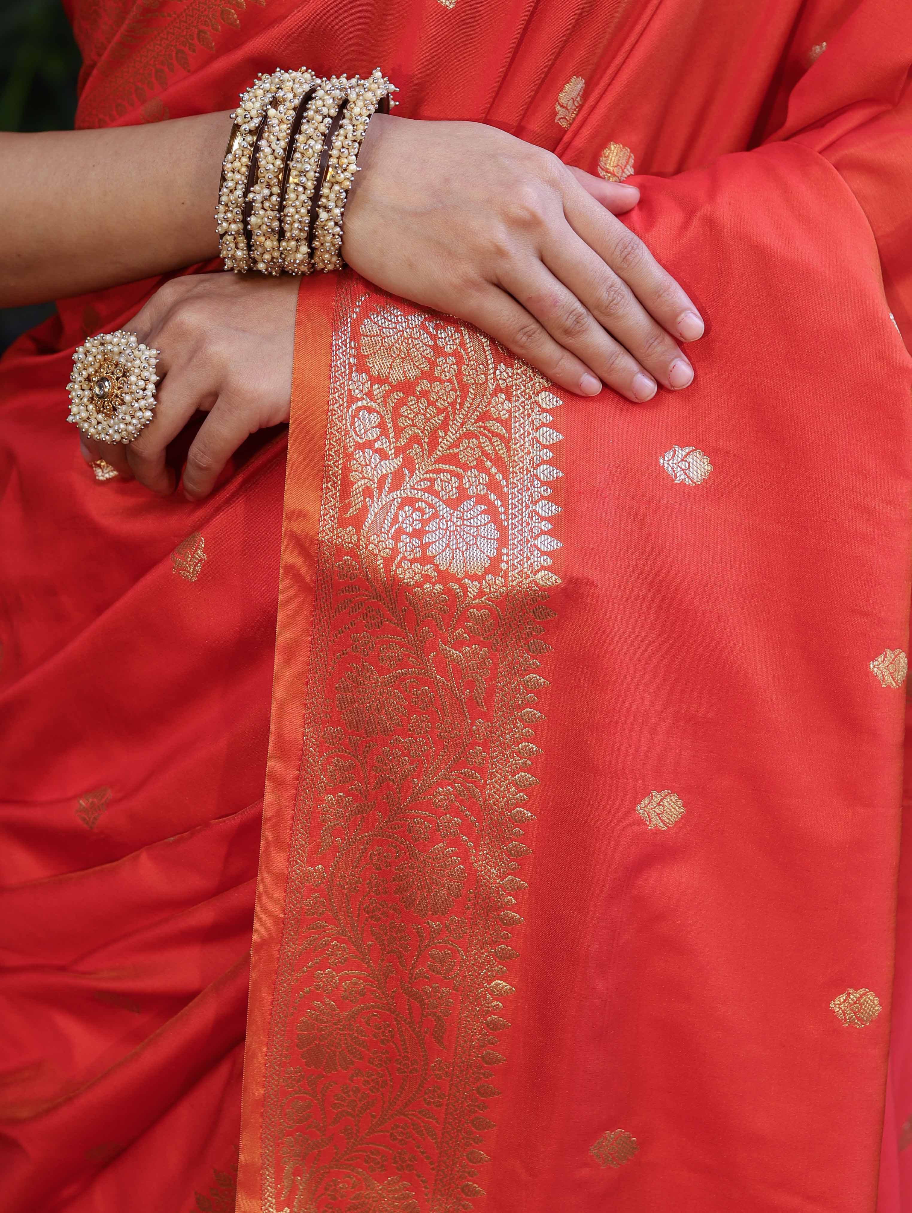 Banarasee Handloom Dual Shade Semi Silk Saree With Zari Buti Work & Border-Rust