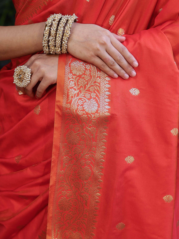 Banarasee Handloom Dual Shade Semi Silk Saree With Zari Buti Work & Border-Rust