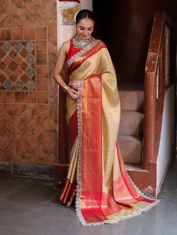 Banarasee Handwoven Tissue Saree With Gold Zari Design Contrast Border & Lace-Gold & Red