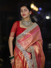 Banarasee Handwoven Tissue Saree With Zari Weaving Stripes Contrast Border & Lace-Pink(Dual Tone)