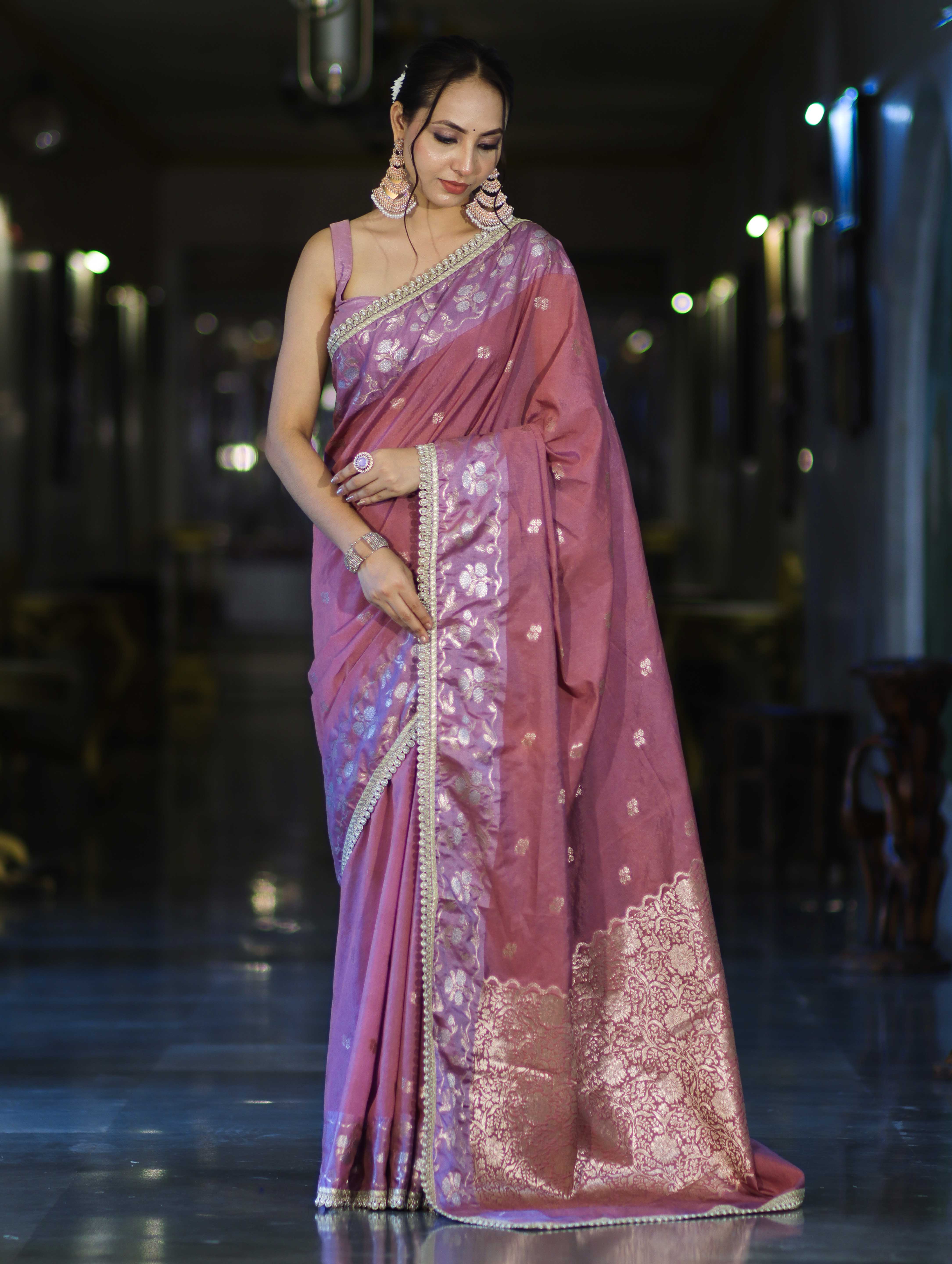Banarasee Handloom Semi Silk Saree With Buti Design Zari Border & Lace-Dusty Pink