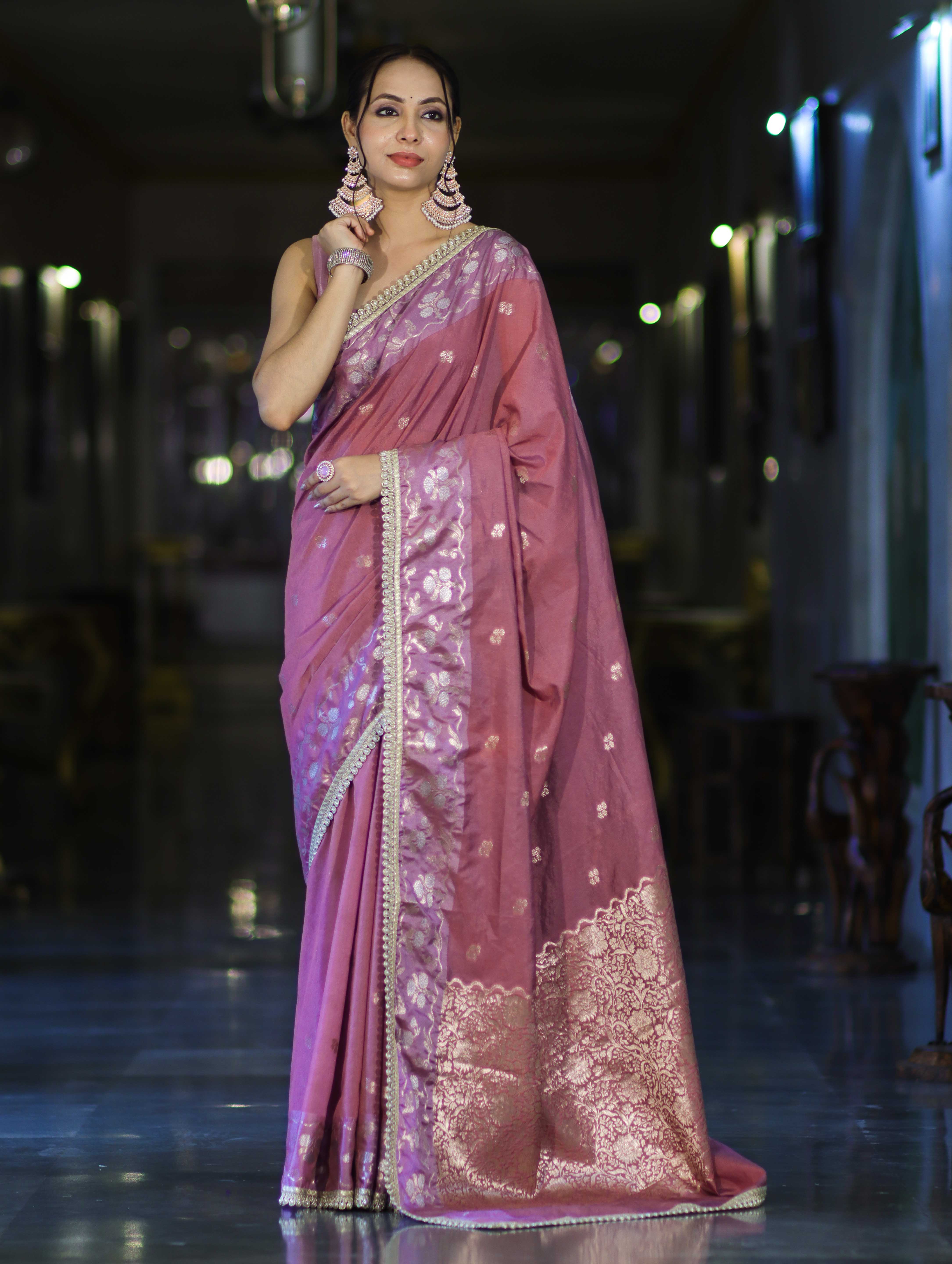 Banarasee Handloom Semi Silk Saree With Buti Design Zari Border & Lace-Dusty Pink