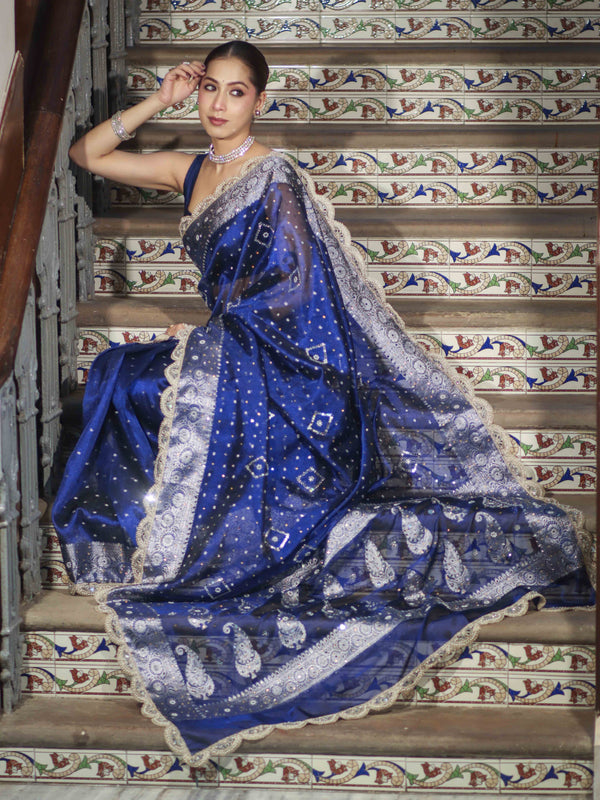 Banarasee Tissue Hand Embroidered Mirror Work Saree With Pearl Motifs & Swarovski Work-Blue