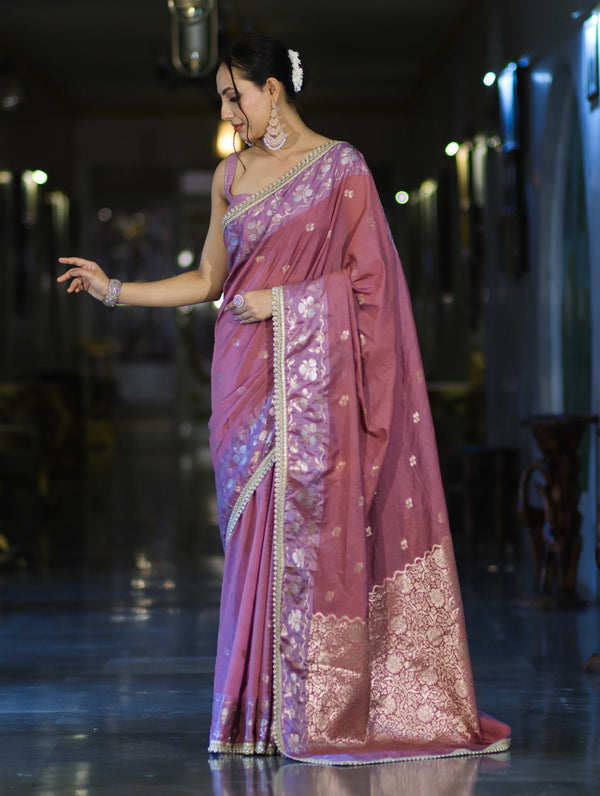 Banarasee Handloom Semi Silk Saree With Buti Design Zari Border & Lace-Dusty Pink