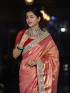 Banarasee Handwoven Tissue Saree With Zari Weaving Stripes Contrast Border & Lace-Pink(Dual Tone)