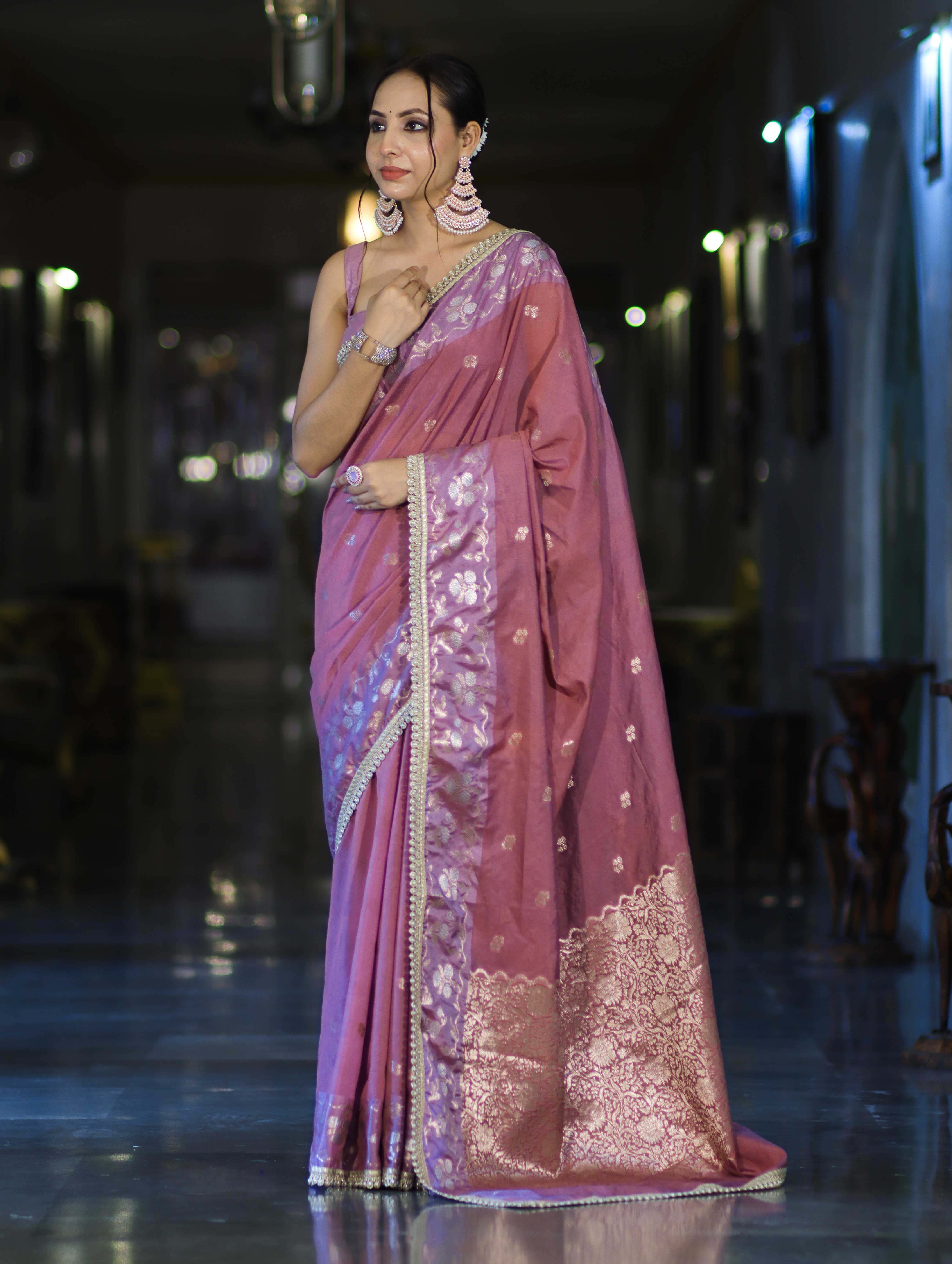 Banarasee Handloom Semi Silk Saree With Buti Design Zari Border & Lace-Dusty Pink