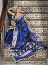 Banarasee Tissue Hand Embroidered Mirror Work Saree With Pearl Motifs & Swarovski Work-Blue