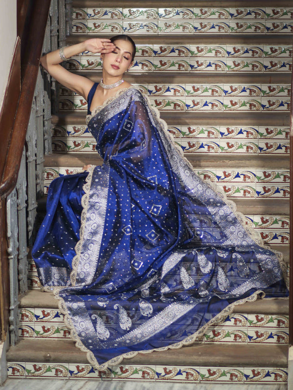 Banarasee Tissue Hand Embroidered Mirror Work Saree With Pearl Motifs & Swarovski Work-Blue