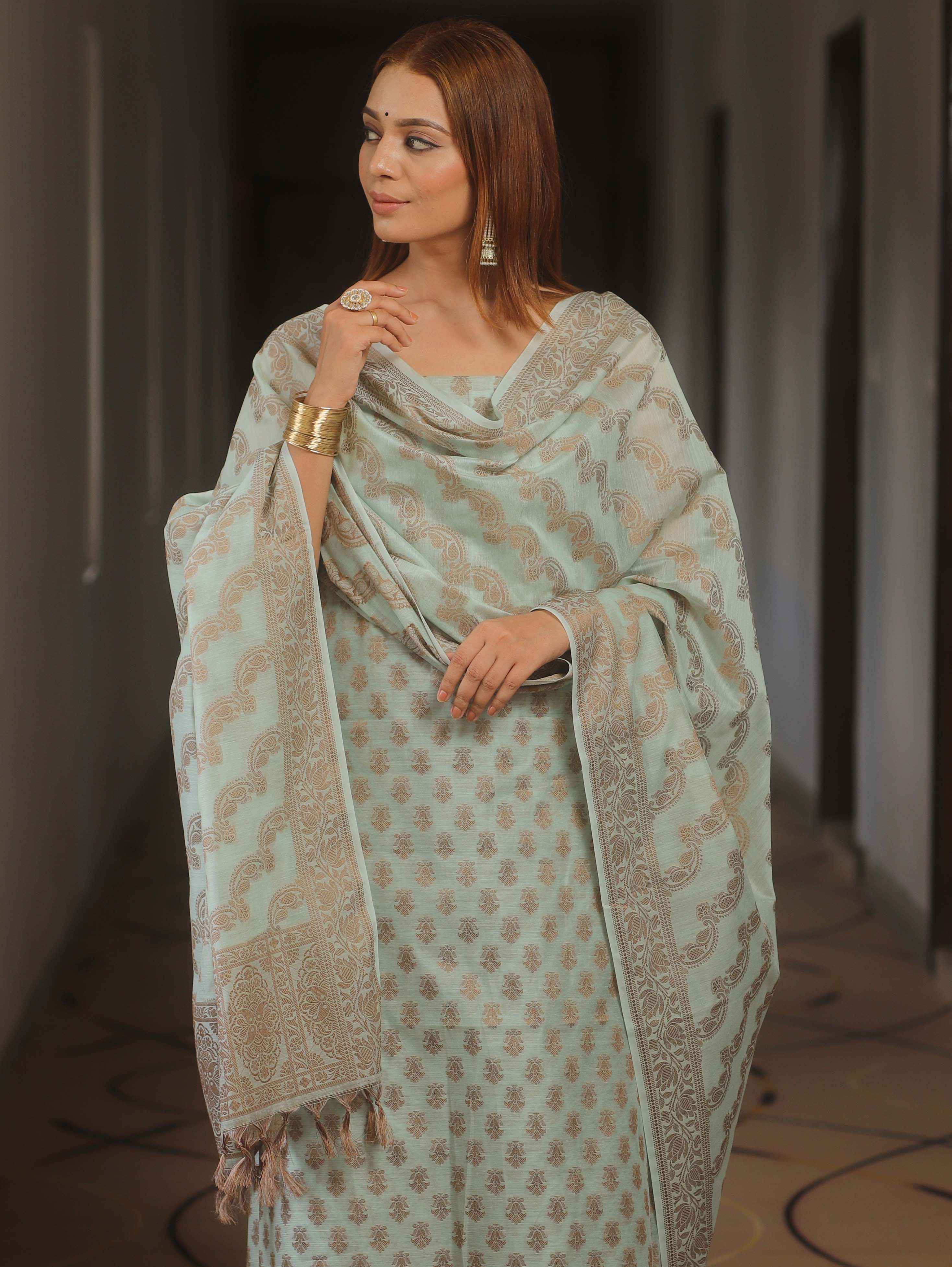 Banarasee Cotton Salwar Kameez Fabric With Dupatta & Resham Zari-Light Blue