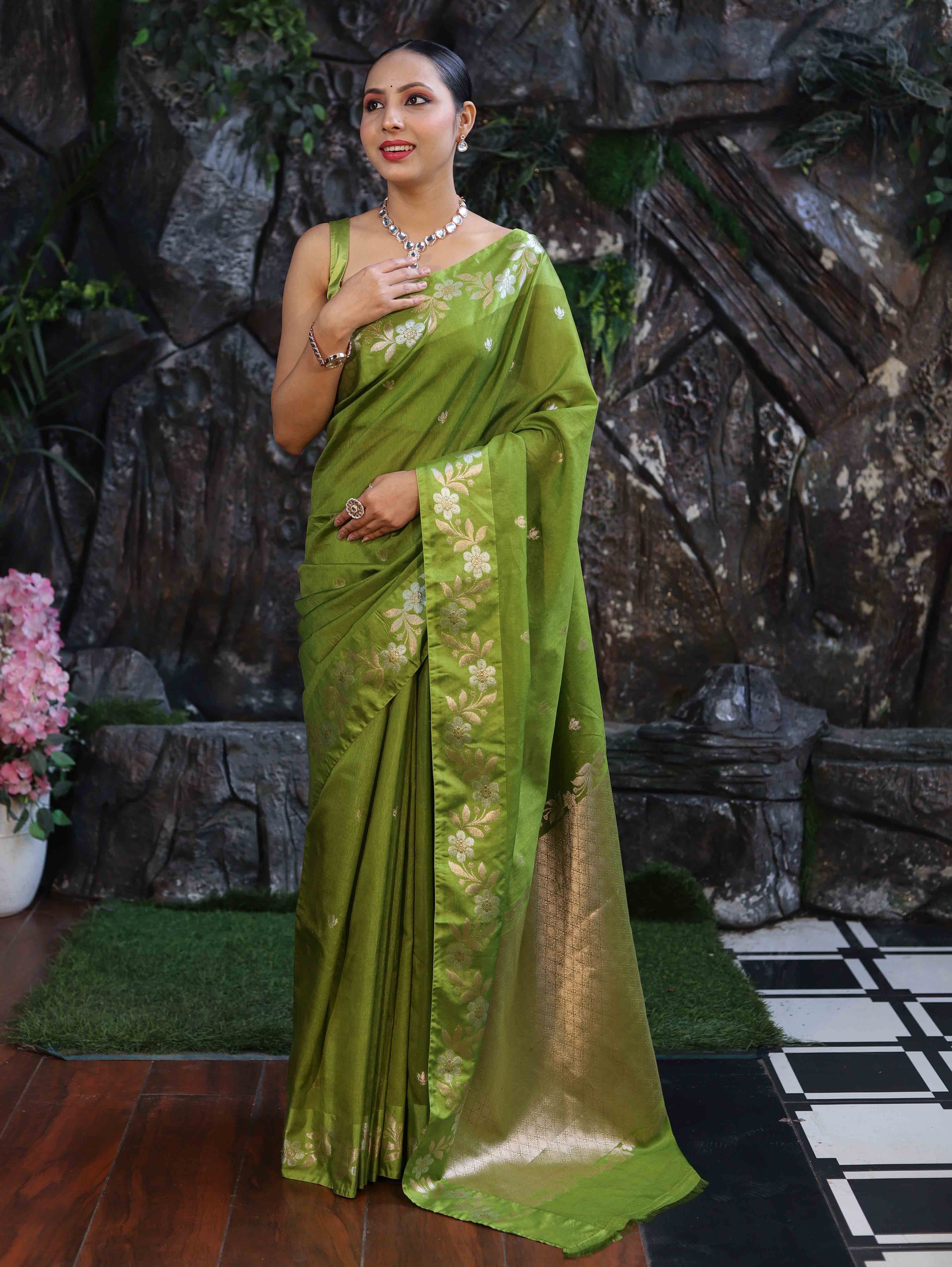 Banarasee Handloom Semi Silk Saree With Sona Rupa Zari Buti Design & Floral Border-Lime Green