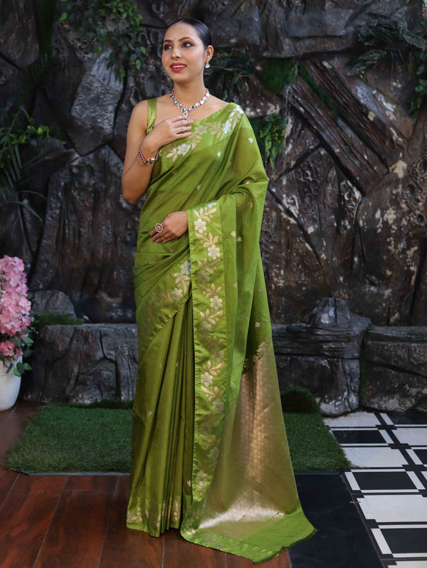 Banarasee Handloom Semi Silk Saree With Sona Rupa Zari Buti Design & Floral Border-Lime Green