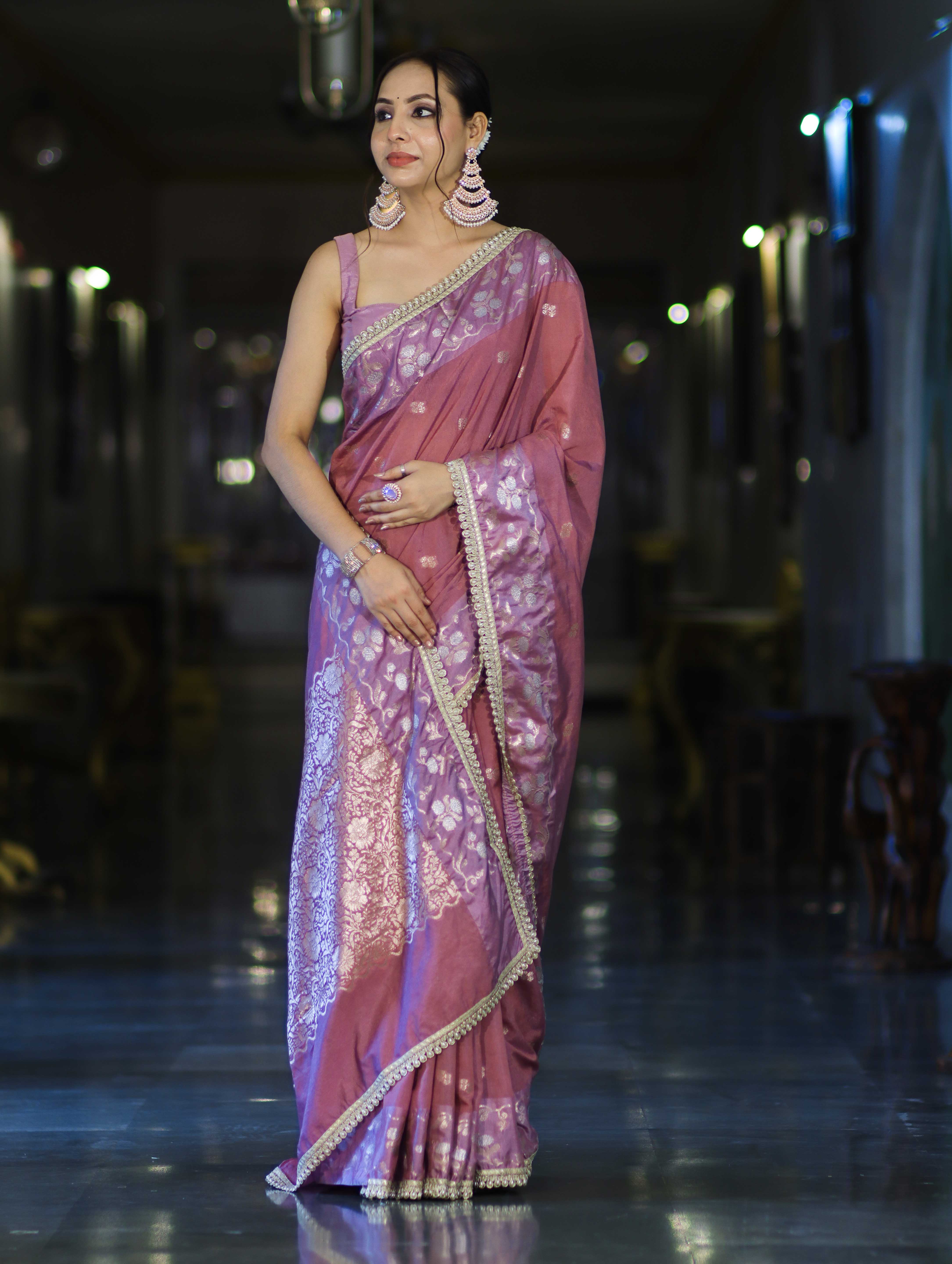 Banarasee Handloom Semi Silk Saree With Buti Design Zari Border & Lace-Dusty Pink
