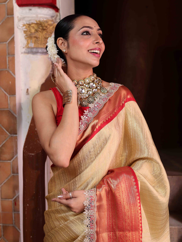 Banarasee Handwoven Tissue Saree With Gold Zari Design Contrast Border & Lace-Gold & Red