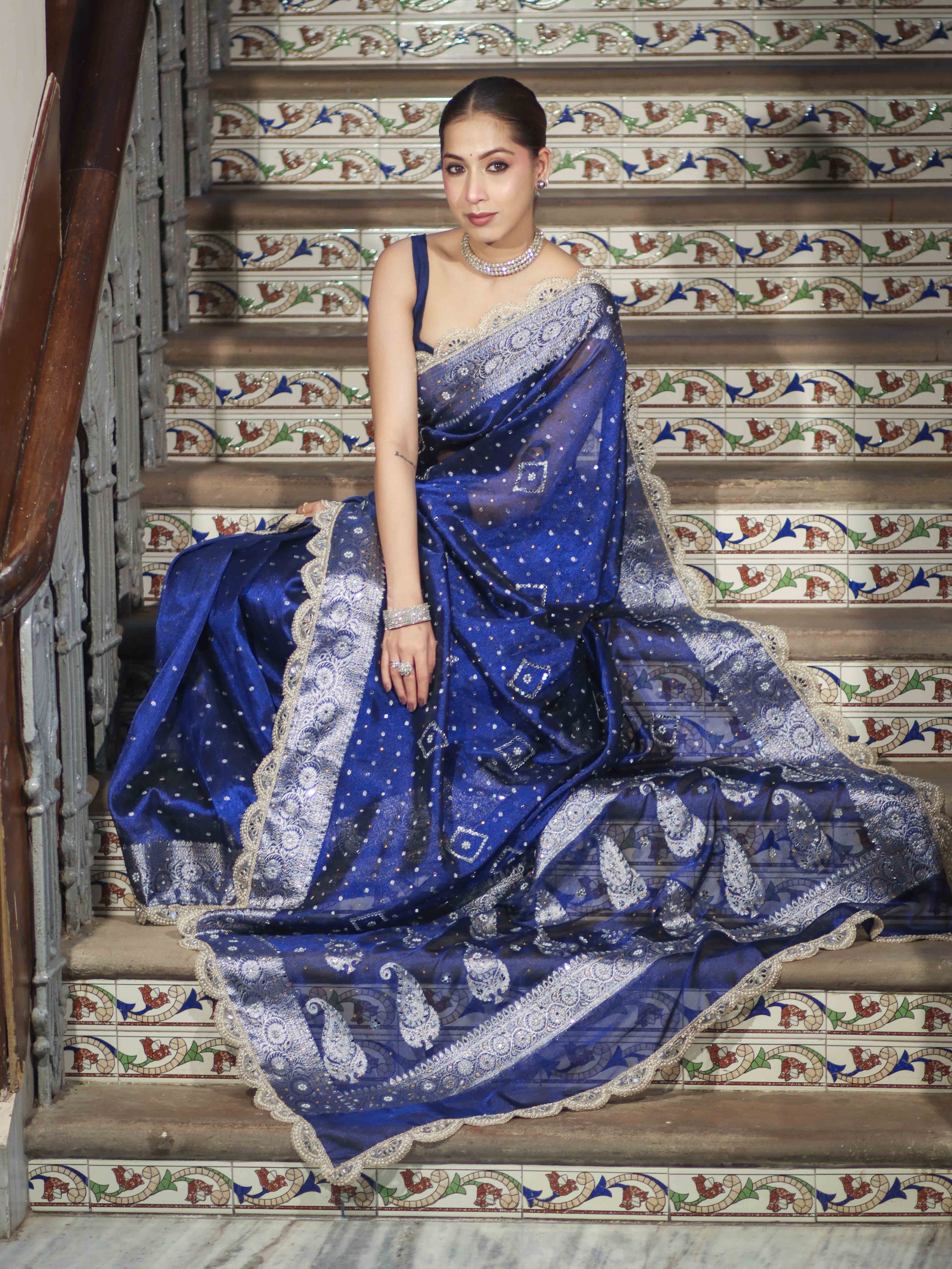 Banarasee Tissue Hand Embroidered Mirror Work Saree With Pearl Motifs & Swarovski Work-Blue