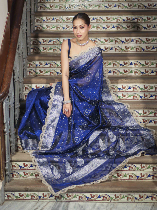 Banarasee Tissue Hand Embroidered Mirror Work Saree With Pearl Motifs & Swarovski Work-Blue