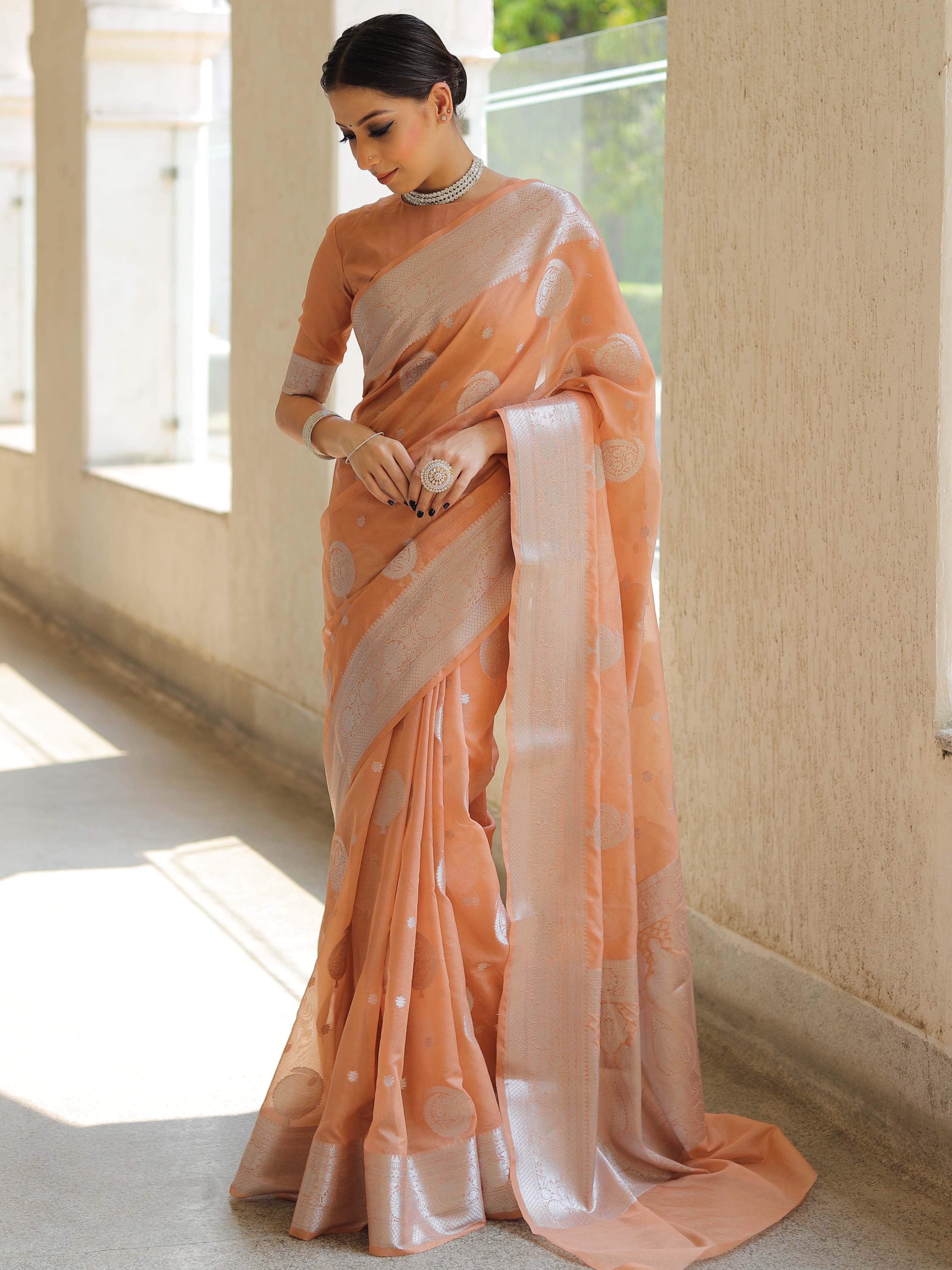 Banarasee Faux Georgette Saree With Silver Zari Buta & Border-Beige