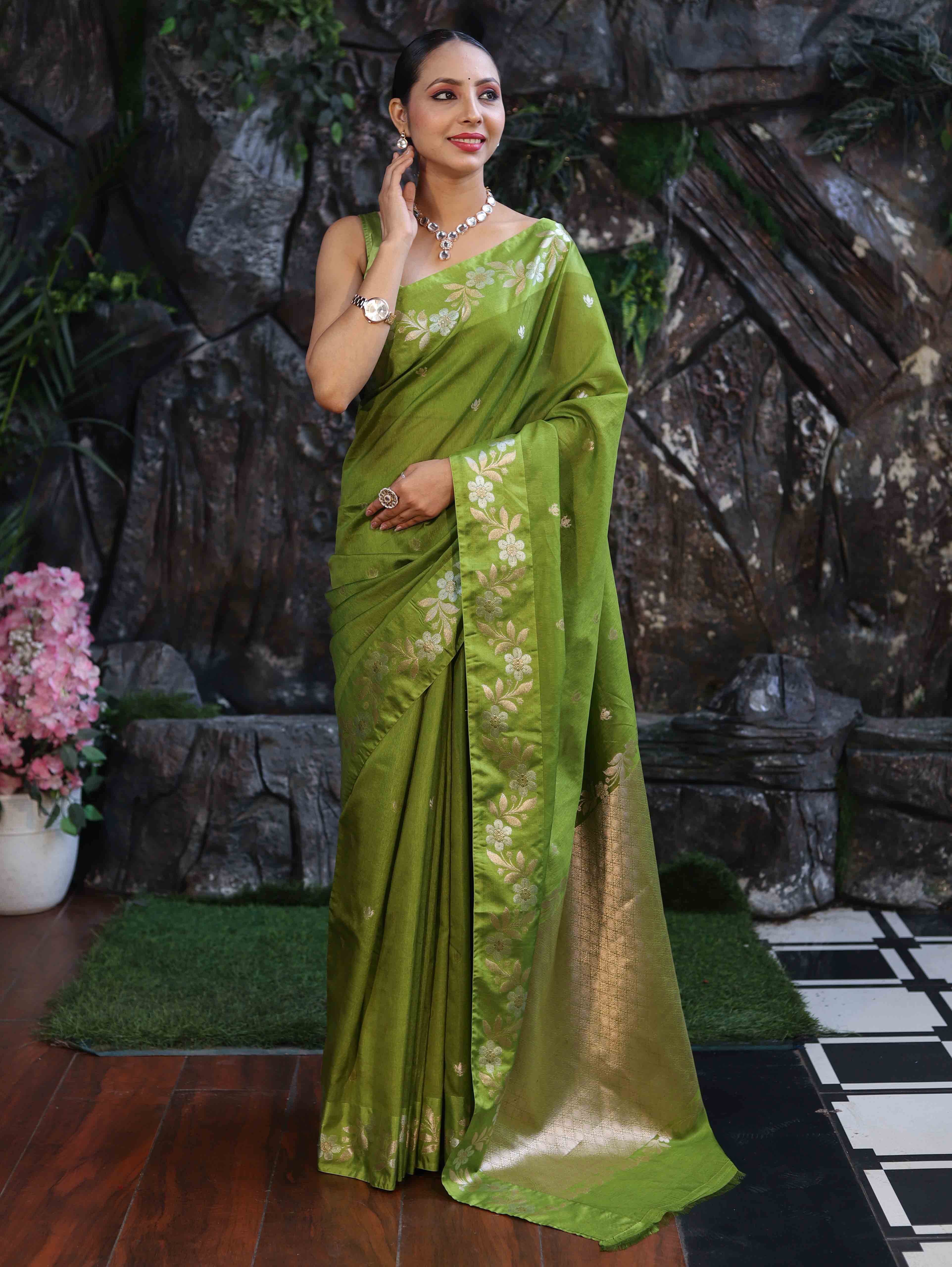 Banarasee Handloom Semi Silk Saree With Sona Rupa Zari Buti Design & Floral Border-Lime Green