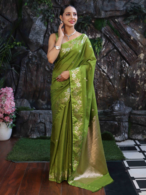 Banarasee Handloom Semi Silk Saree With Sona Rupa Zari Buti Design & Floral Border-Lime Green