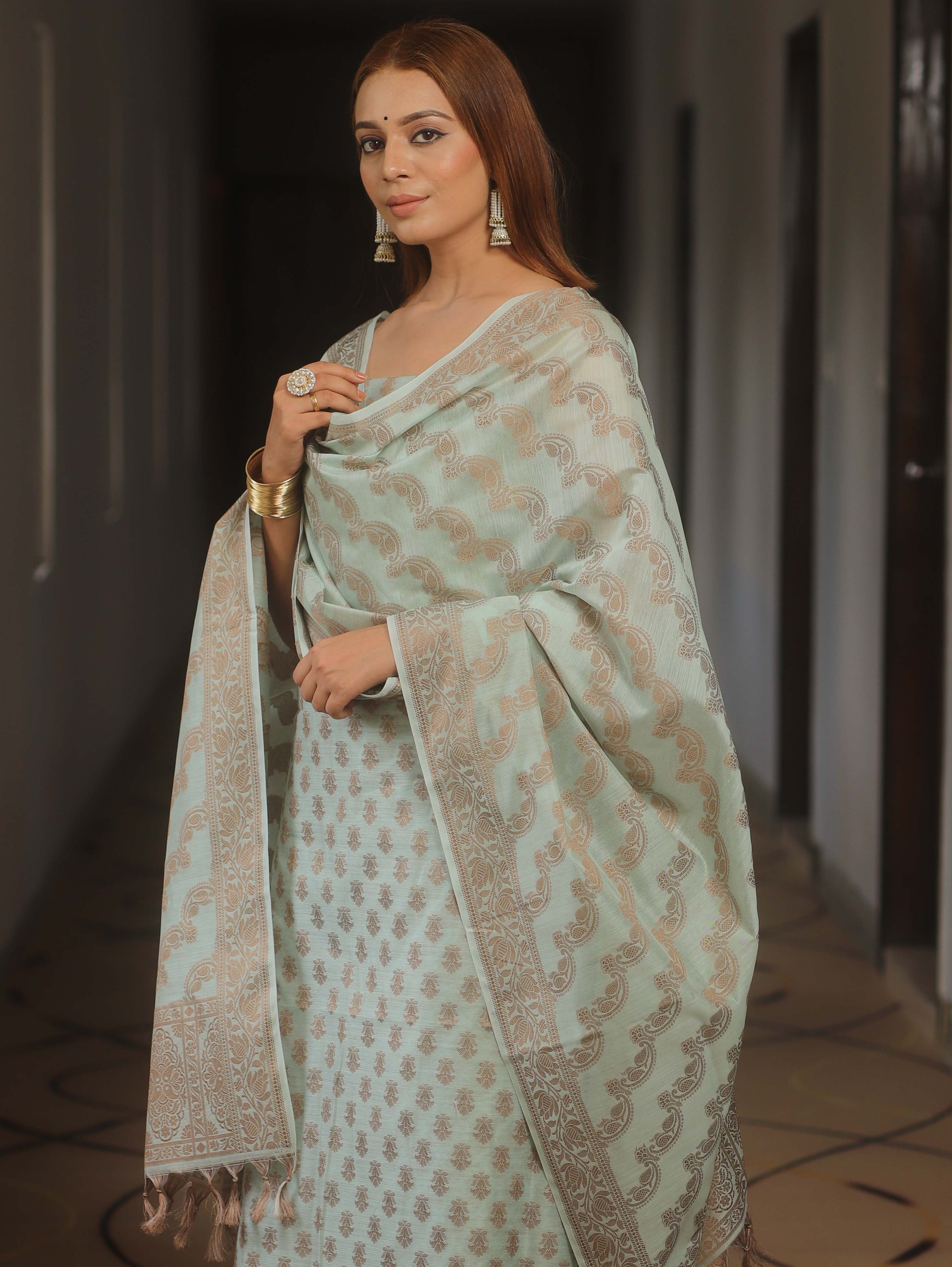 Banarasee Cotton Salwar Kameez Fabric With Dupatta & Resham Zari-Light Blue